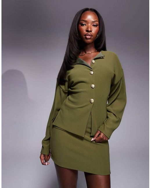 ASOS Geribbelde Top Met Structuur, Ballonmouwen En Gouden Knopen in het Green