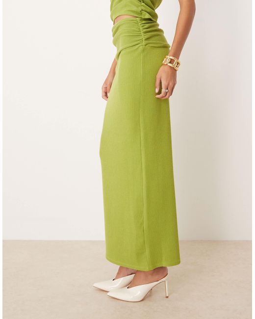 ASOS Green Ruched Waist Textured Rib Column Maxi Skirt