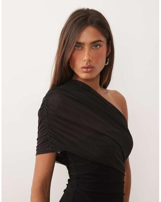 Missy Empire Black Missy Empire Double Sculpted Slinky Asymmetric Shoulder Fold Over Mini Dress