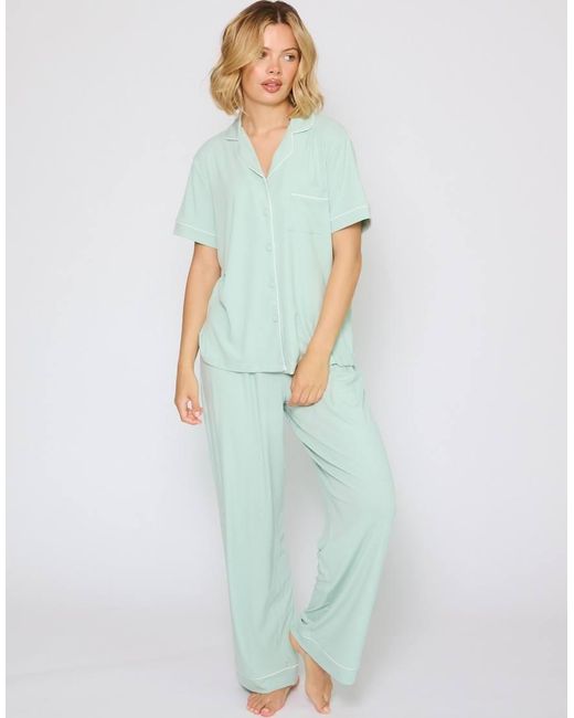 Loungeable Green Rib Short Sleeve Traditional Shirt And Long Pant