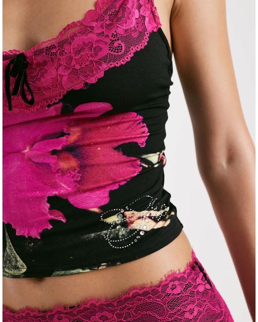 I.AM.GIA Multicolor Adella Super Soft Slinky Contrast Lace Diamante Logo Cami Top
