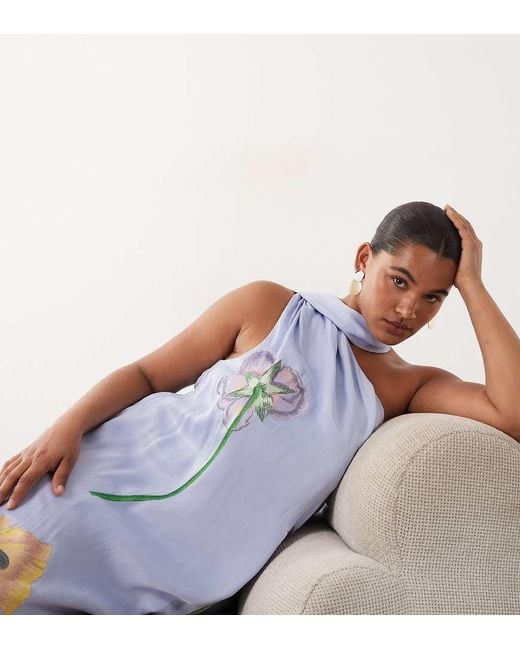 ARRANGE Blue Curve Botanical Floral Embroidered One Shoulder Maxi Dress