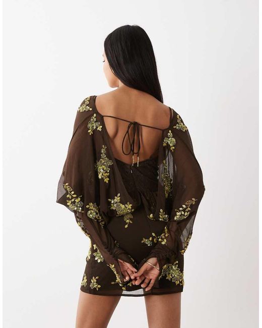 ASOS Brown Batwing Embellished Slouchy Hip Mini Dress With Lace Cami