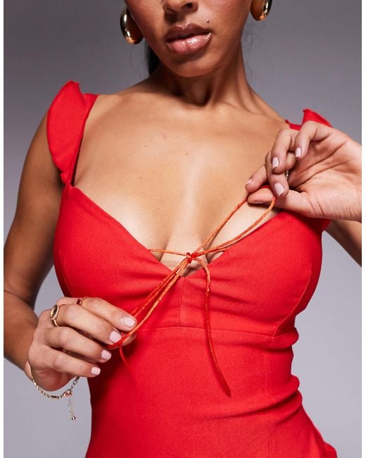 Vesper Red Bengaline Tie Detail Frill Shoulder Thigh Split Midaxi Dress