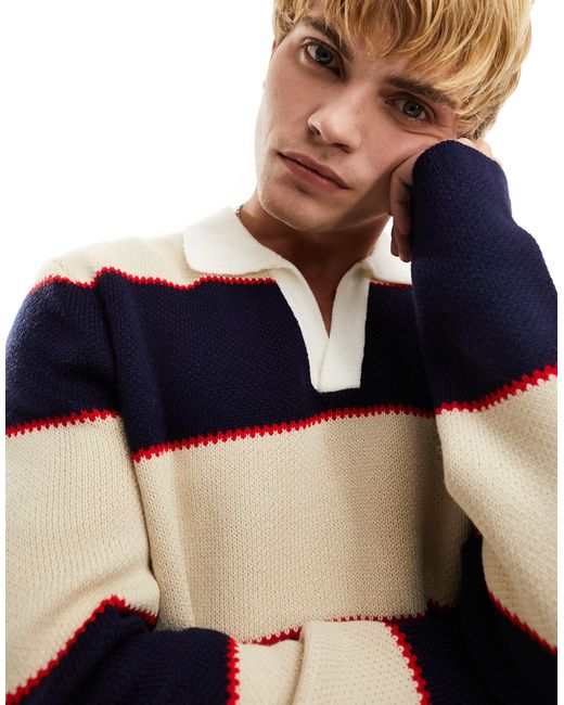 ASOS Blue Relaxed Knitted Rugby Striped Jumper for men