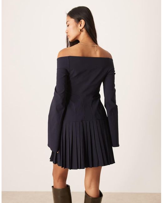 ASOS Blue Long Sleeve Pleated Skirt Mini Dress