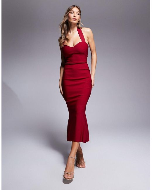 Vesper Red Halterneck Sweetheart Neckline Midaxi Dress With Fishtail Skirt