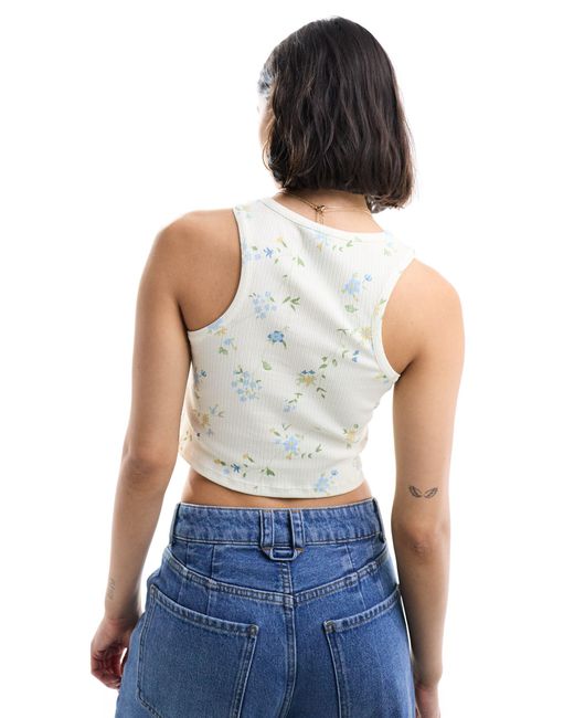 Pieces White Ditsy Floral Ribbed Vest Top
