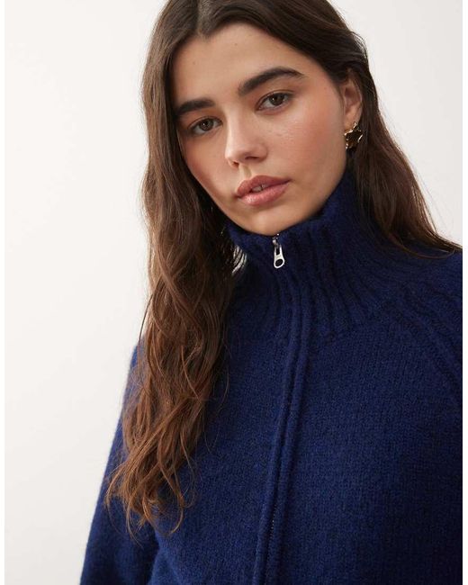 Weekday Blue Wool Blend Hairy Knit Zip Through Cardigan