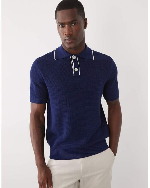 SELECTED Blue Knit Polo With Contrast Collar for men