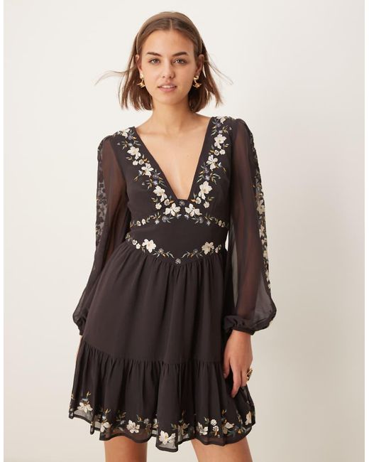 ASOS Natural Embroidered Long Sleeve Plunge Tiered Mini Dress