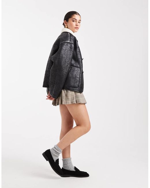 South Beach Black Reversable Borg Lined Pu Button Down Jacket