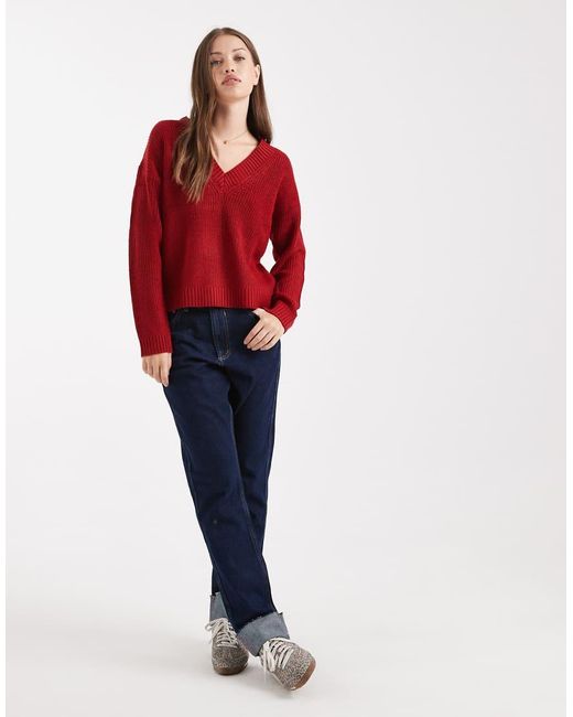 Brave Soul Red Deep V Neck Fisherman Knit Jumper