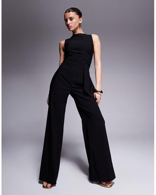 Vesper Jumpsuit Van Bengaline Met Gedrapeerde Zijkant En Wijde Pijpen in het Blue