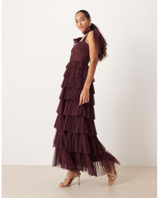 LACE & BEADS Red Bridesmaid Bow Shoulder Tulle Maxi Dress