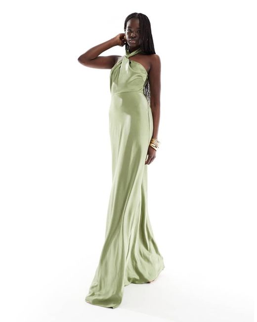 Six Stories Green Bridesmaid Halter Neck Satin Maxi Dress