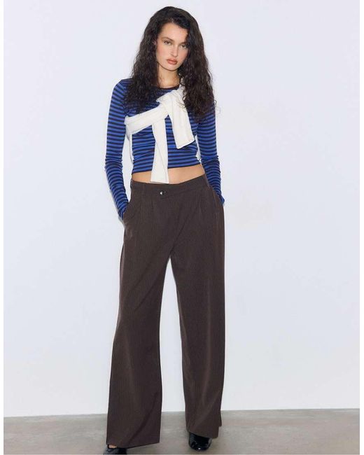 Stradivarius Blue Basic Long Sleeve Striped Cotton T-Shirt