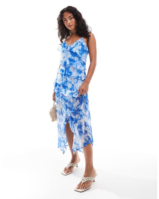 ONLY Blue – midaxi-kleid mit abstraktem druck und rüschenlagen