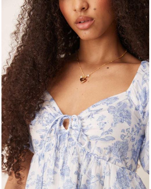 Gina Tricot Natural Puff Sleeve Tie Front Mini Dress