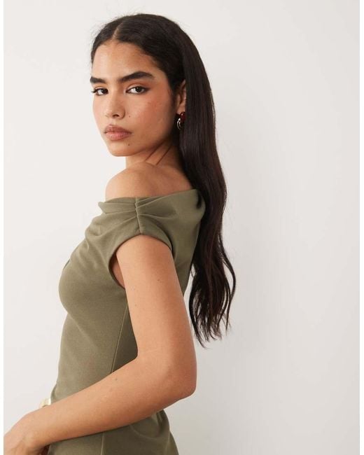 ASOS Natural Crepe Fallen Shoulder Maxi Dress With Ruched Skirt Detail
