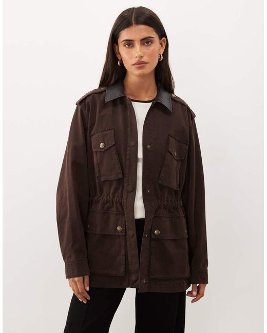 GOOD AMERICAN Brown Faux Leather Collar Field Jacket