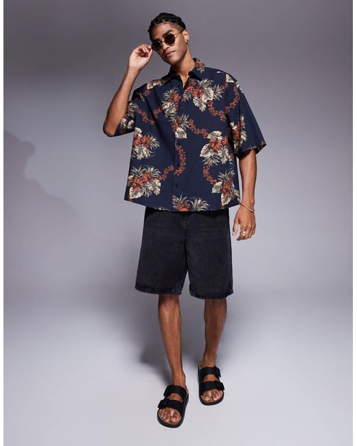 Chemise coupe carrée oversize à imprimé fleurs - et bleu marine ASOS pour homme en coloris Blue