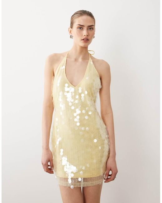 SNDY'S Natural Disc Sequin V Neck Low Back Mini Dress
