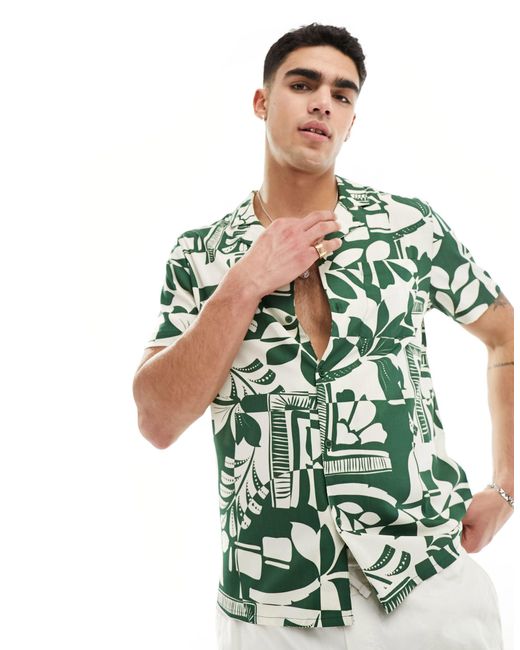 Camicia da mare con stampa di foglie astratte di Another Influence in Green da Uomo