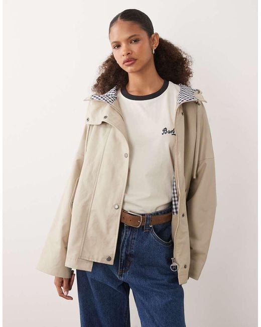Barbour Blue Kingswood Showerproof Funnel Neck Hooded Gingham Lined Jacket