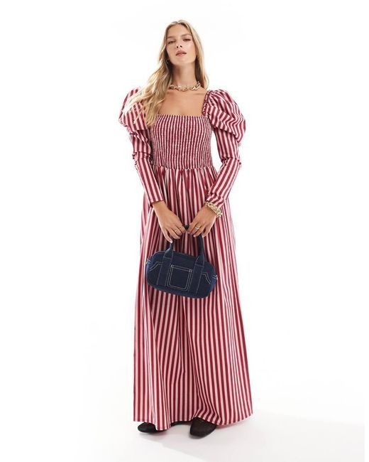 ASOS Gesmokte Midaxi Jurk Van Popeline Met Roze Strepen in het Red
