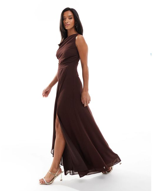 TFNC London Brown Bridesmaid Chiffon Maxi Dress With Wrap Skirt