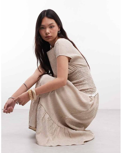 Daisy Street Natural Drop Shirred Waist Midi Dress With Broderie Detailing