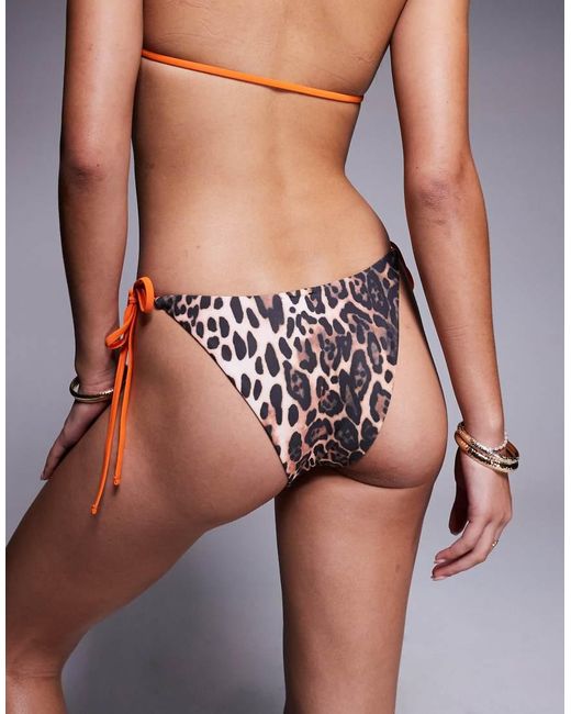 ASOS Brown Leo Contrast Binding Tie Side Bikini Bottom