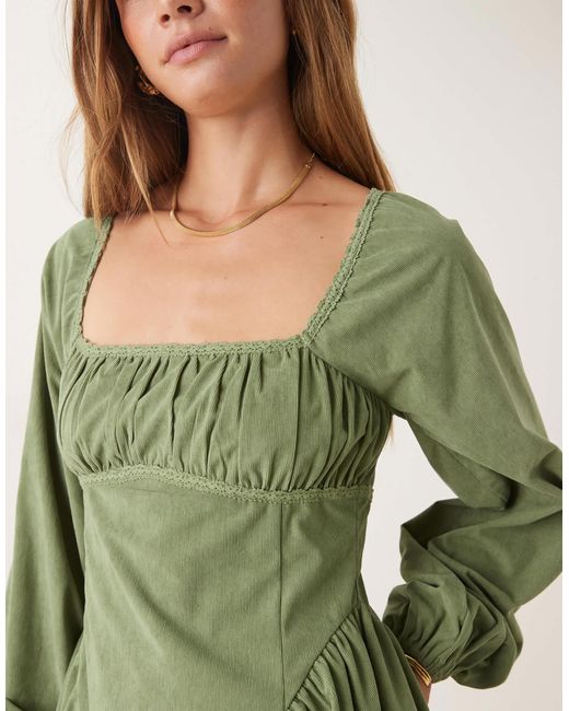 ASOS Green Cord Square Neck Gather Bust Mini Dress With Volume Sleeve And Lace Trims