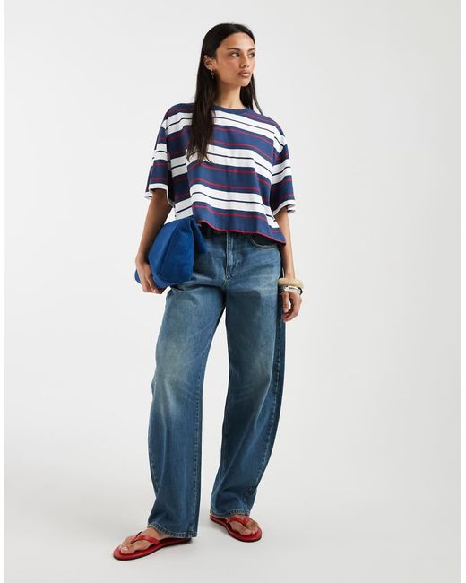 ASOS Blue Boxy Cropped T-shirt Red & Navy Stripe