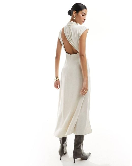 ASOS Linen High Neck Grown On Sleeve Midi Dress With Open Back And Button Neck Detail in White | Lyst ASOS Linen High Neck Grown On Sleeve Midi Dress With Open Back And Button Neck Detail in White | Lyst