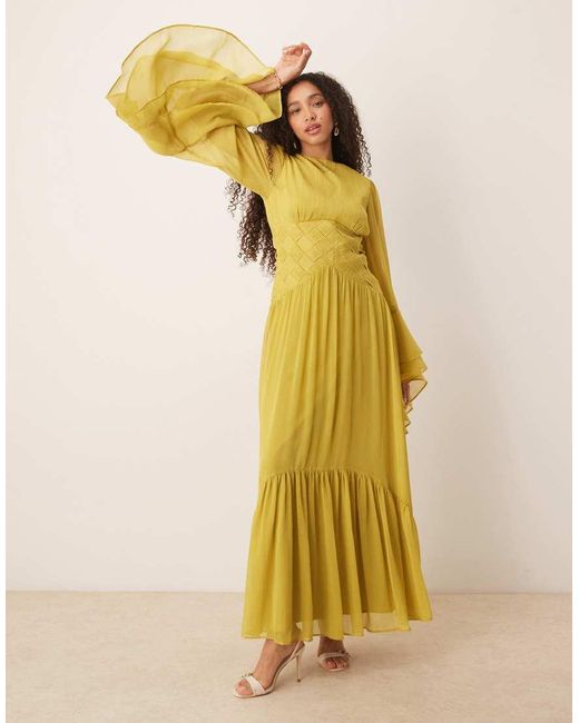 ASOS Yellow Long Sleeved Chiffon Maxi Dress With Cross Stitch Waist Detail