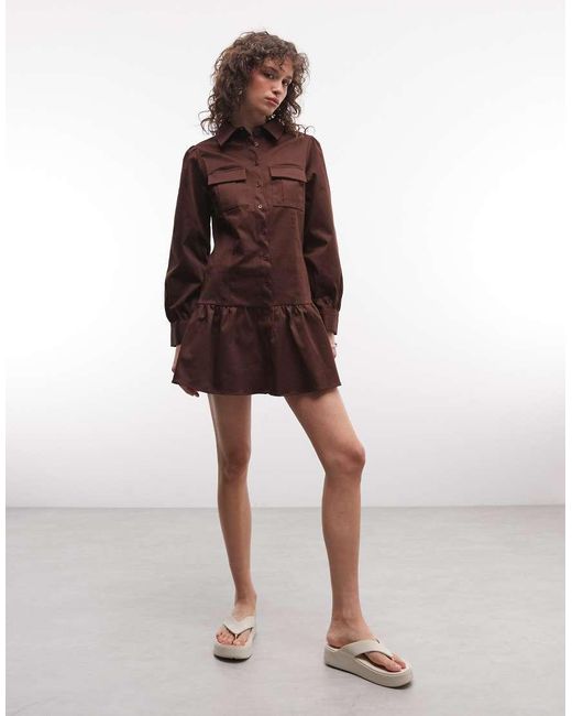 Reclaimed Vintage Brown Mini Utility Shirt Cotton Twill Dress