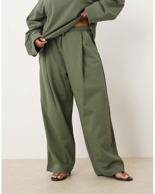 ASOS Green Asos Design Curve Wide Leg Trackies With Waffle Panel Detail