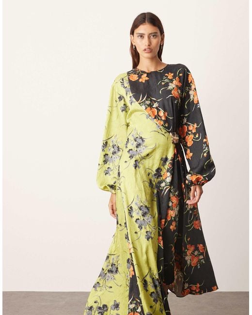 ARRANGE Multicolor Crinkle Satin Long Sleeve Maxi Dress With Trim