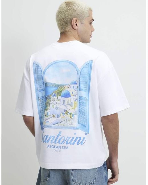 River Island Blue Oversized Fit Santorini Scenic T-Shirt for men