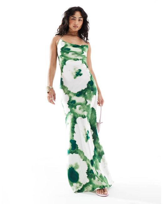 Object Green Satin Low Cross Back Maxi Slip Dress