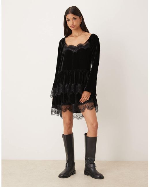 chinese dress ladies ASOS DESIGN t-shirt mini dress with lace sleeves in black – ASOS Sample Sale main image 0