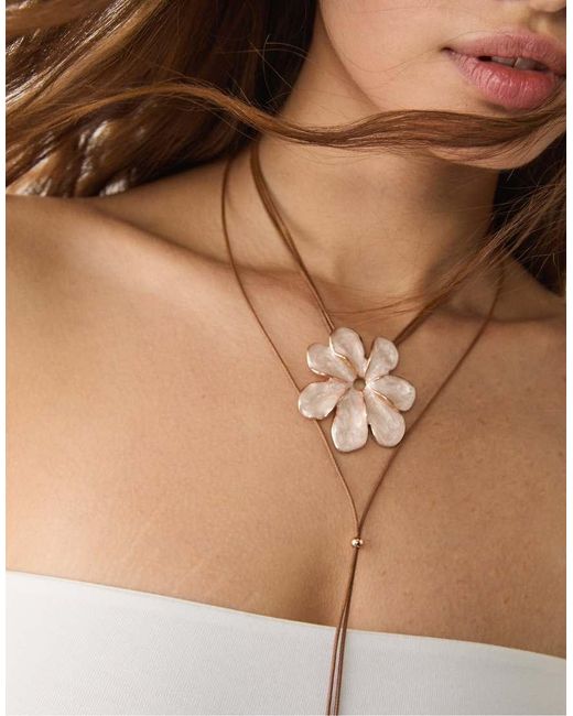 Stradivarius Brown Floral Cord Necklace