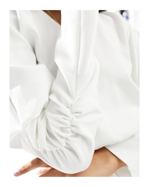 ASOS White V Neck Long Sleeve Blouson Midi Dress With Front Split