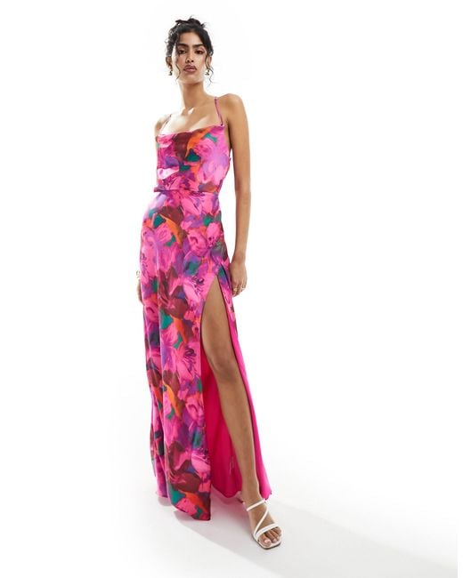 Hope & Ivy Pink Satin Cami Maxi Dress With Thigh Spit