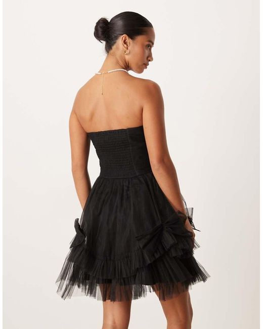 LACE & BEADS Black Corset Overlay Tulle Bow Mini Dress