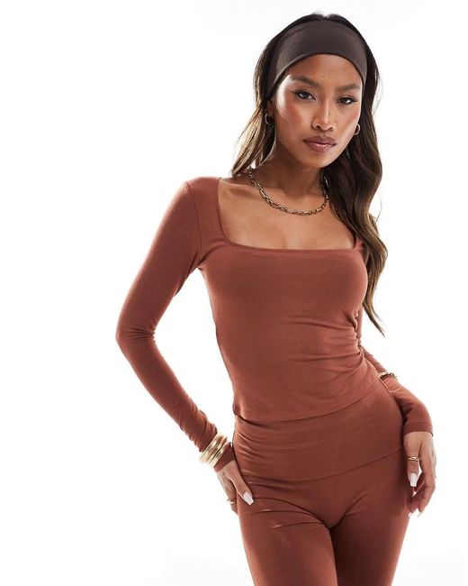 In The Style Brown Slinky Sculpt Square Neck Long Sleeve Top Co-Ord