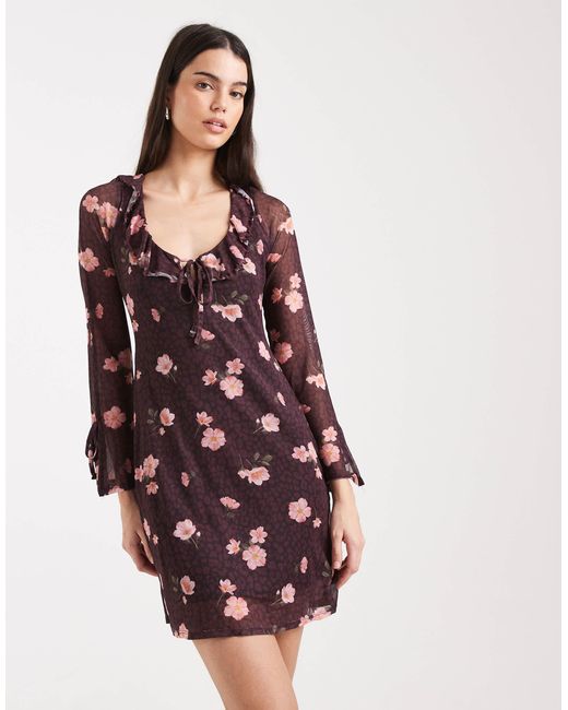 New Look Red Floral Mesh Long Sleeve Mini Dress