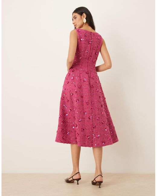 Sister Jane Pink Dream Hollywood Sequin Tweed Scoop Neck Drop Waist Midi Dress